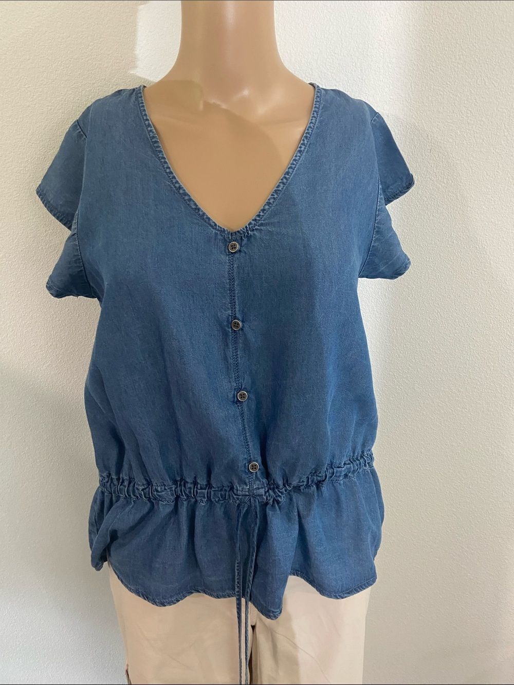 V-Neck Blue Denim-Look Button Front Blouse with Drawstring Waist